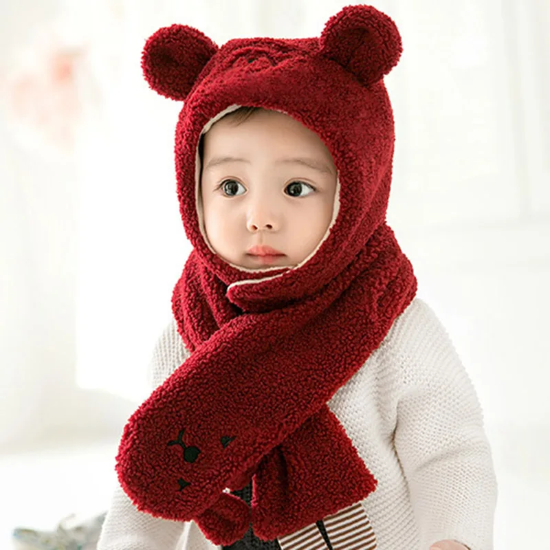 wine red Baby Hat Scarf SetBaby Winter Warmer Scarf Cartoon Ear Design Hat Infant Cotton Collar Scarves Neckerchiefs Headwear Set - Цвет: wine red