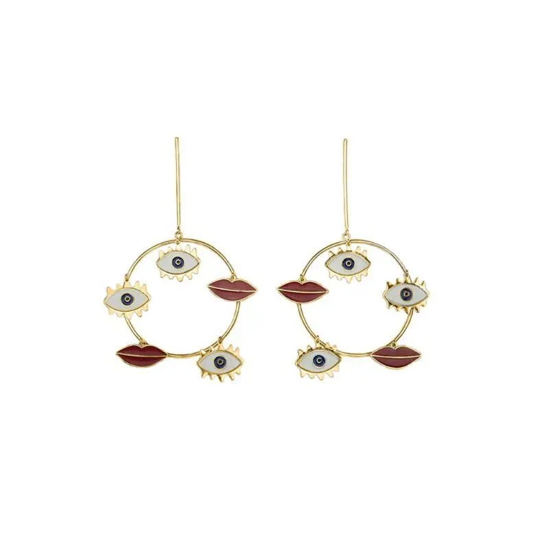 

Big Evil Eyes Lips Charm Gold Loop Dangle Earrings For Women Statement Jewelry