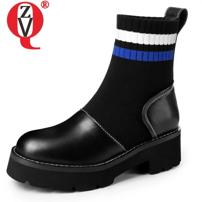 

ZVQ punk leather martin boots winter autumn white blue striped knit wool woman platform women's shoes cool Motorcycle boots