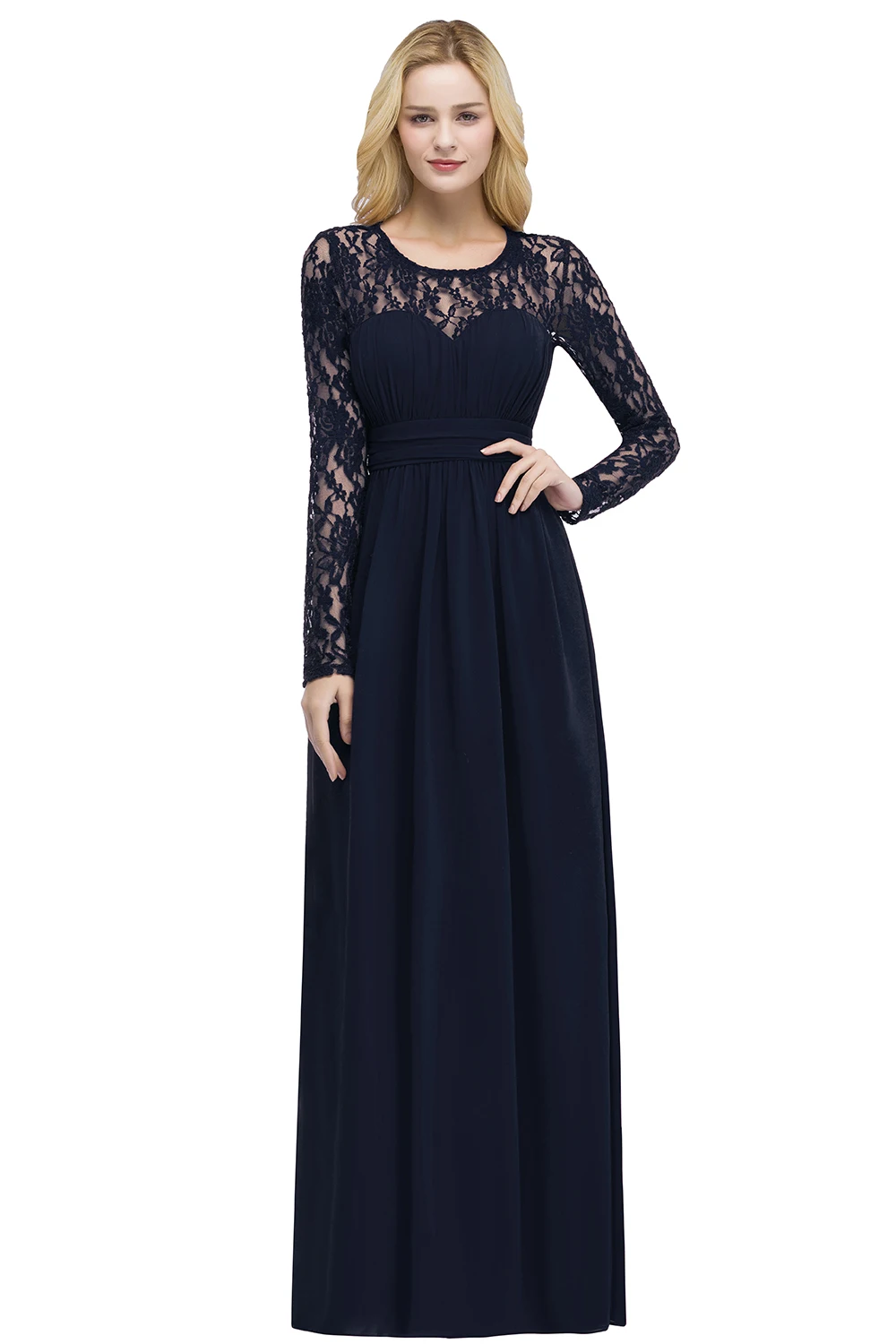 Vestido de Festa Casamento Elegant Burgundy Lace Long Wedding Party Bridesmaid Dresses Full Sleeves Robe Demoiselle D'honneur - Цвет: Navy blue