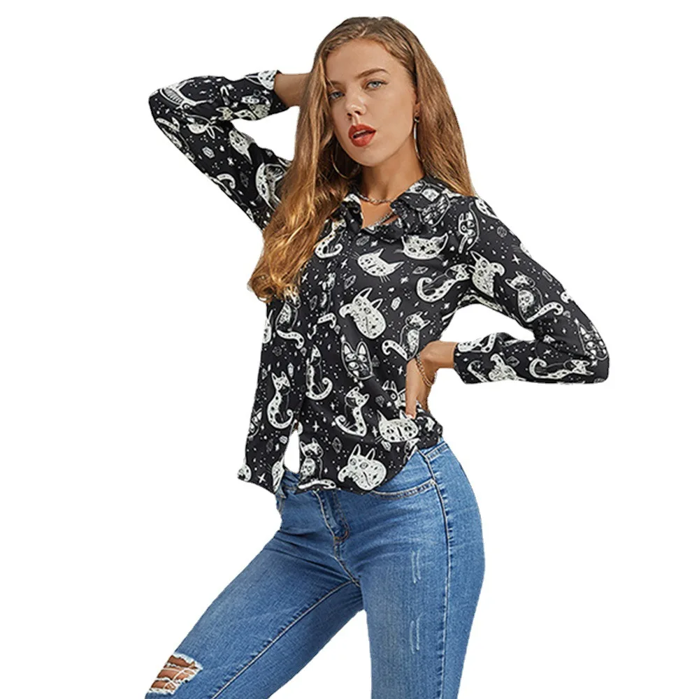 

Cat Print Women Shirts Spring Autumn Long Sleeve Casual Shirts Long Sleeve Single Breasted Female Blouses TJR170
