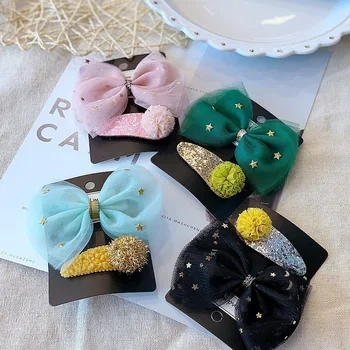 

DHL 100set 2pc/set Girls Mesh Pom pom Cute Snow Sweet Princess Exquisite Flower Ball Hair Pin Kids Clip Hair Accessories