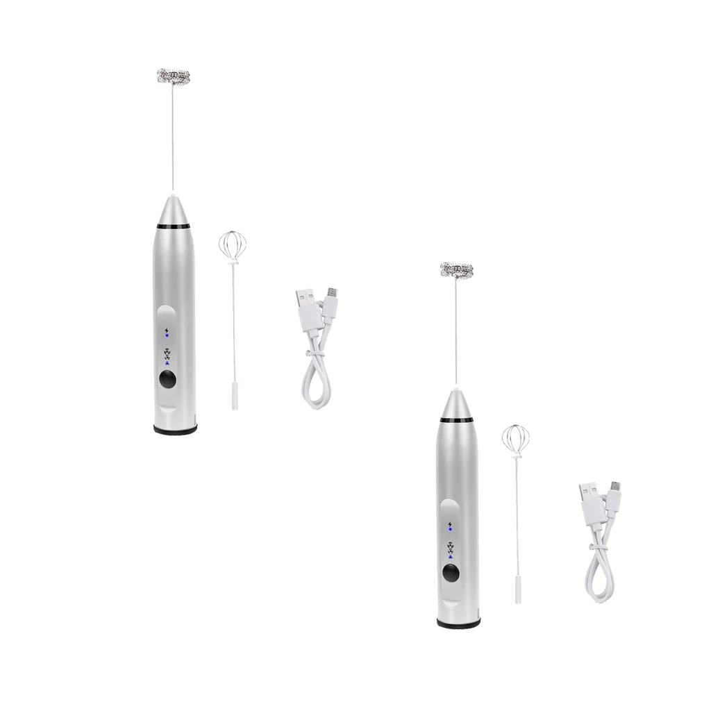 2Pcs Silver Handheld Electric Milk Frother &Eggbeater,Portable Drink Mixer 3 Speeds to Control Handheld Milk Frother