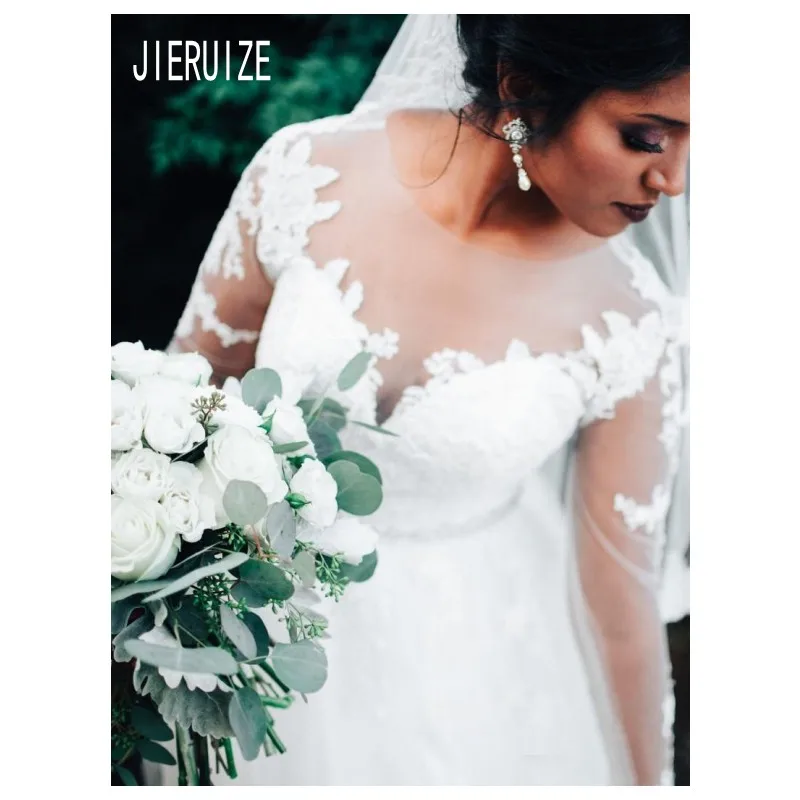 JIERUIZE/кружевные свадебные платья с длинными рукавами, с глубоким вырезом, с кристаллами, с пуговицами, с аппликацией сзади, для сада, свадебные платья, халаты De Mariee