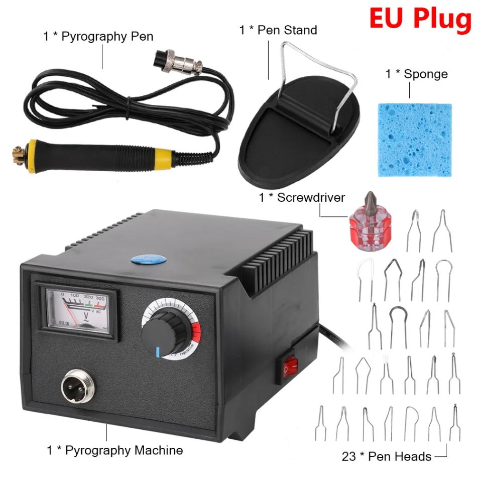 EU Plug Электрическая пирография ручка тыквенный деревянный пирограф гравировальный станок с 23 шт. нагревательная Ручка головки для деревообработки кожаной мебели - Цвет: EU Plug