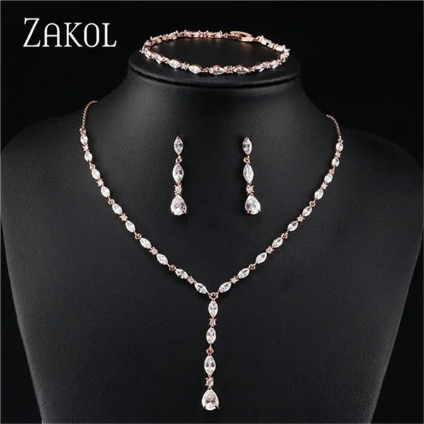 Rose Gold Color ZAKOL блестящие серьги с кристаллами циркония, ожерелье, браслеты, 3 шт. набор украшений для женщин, аксессуары к свадебному платью FSSP412 - Окраска металла: Rose Gold Color