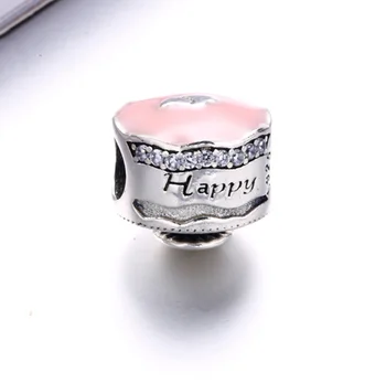 

Authentic 925 Sterling Silver Beads Pink Enamel Happy Birthday Cake Charm Fit Original Pan Bracelet For Women DIY Jewelry Making