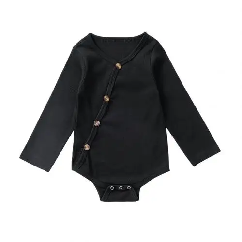 Fashion Autumn Baby Bodysuits Boys Girls Solid Color Long Sleeve Romper Button Jumpsuit - Цвет: Black 12 to 18M