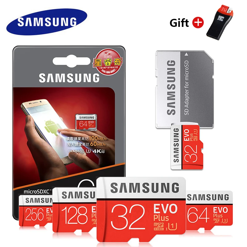 Карта памяти SAMSUNG, micro sd, 32 ГБ, 64 ГБ, 128 ГБ, 256 ГБ, 512 ГБ, EVO Plus, класс 10, водонепроницаемая, TF Память, sim-карта+ адаптер, кардридер
