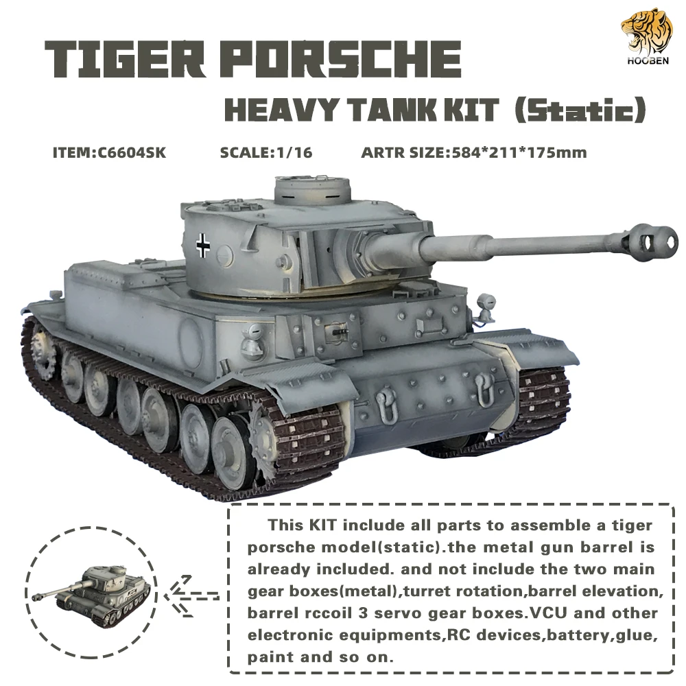 HOOBEN 1/16 rc Танк немецкий TigerP Tiger 2,4G VK 4501 пульт дистанционного управления боевые тяжелые танки с металлической коробкой передач, дым+ звук+ Битва - Цвет: Static KIT