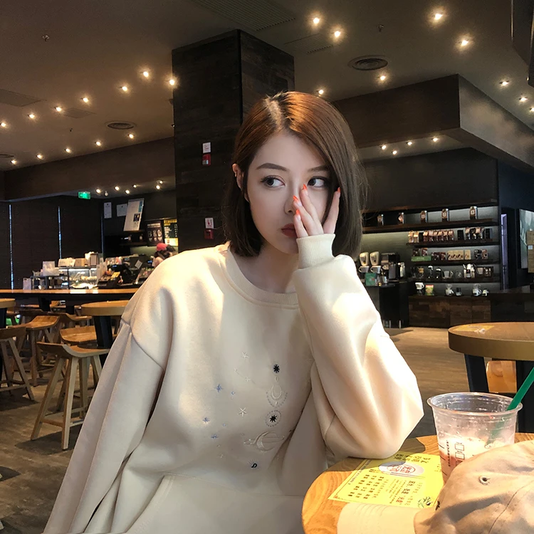 Новинка зимы, теплые бархатные графические толстовки для женщин, harajuku, флисовая негабаритная толстовка с капюшоном, с вышивкой, спортивный костюм с карманом