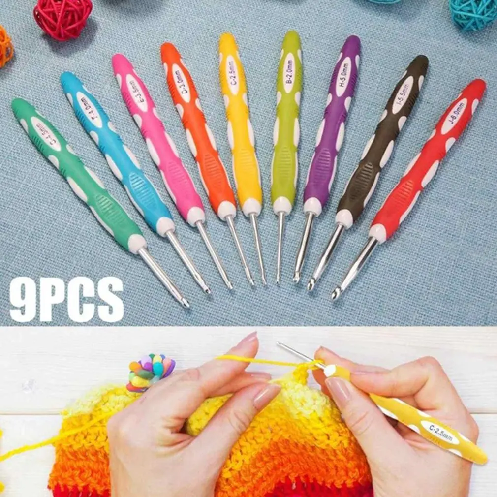 9Pcs Multi Colour Plastic Aluminum Crochet Hooks Yarn Tpr Knitting Needles Set Professional Fashion Portable