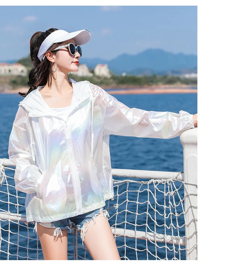 YUANYUANJYCO summer thin woman jacket reflective colorful zipper hooded long sleeve fashion white pink jackets for women coats