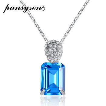 

PANSYSEN 100% 925 Sterling Silver Rectangle Aquamarine Gemstone Pendant Necklaces Wedding Party Fine Jewelry Wholesale Necklaces