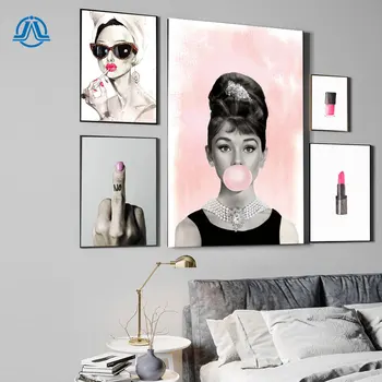 

Audrey Hepburn Bubbles Wall Art Canvas Fashion Poster Pink Lipstick Nail Polish Prints Painting Pictures Modern Room Decoration
