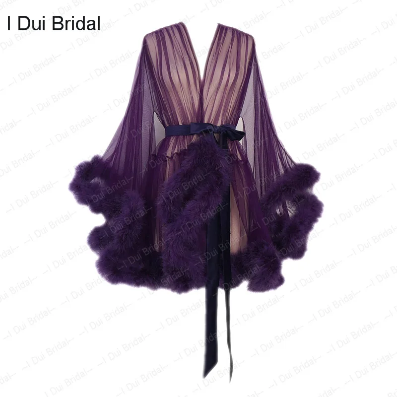 dark purple Необычные халаты, женское пуховое платье, полупрозрачный халат, тюль, иллюзия, на день рождения, женское нижнее белье, Халат - Цвет: dark purple
