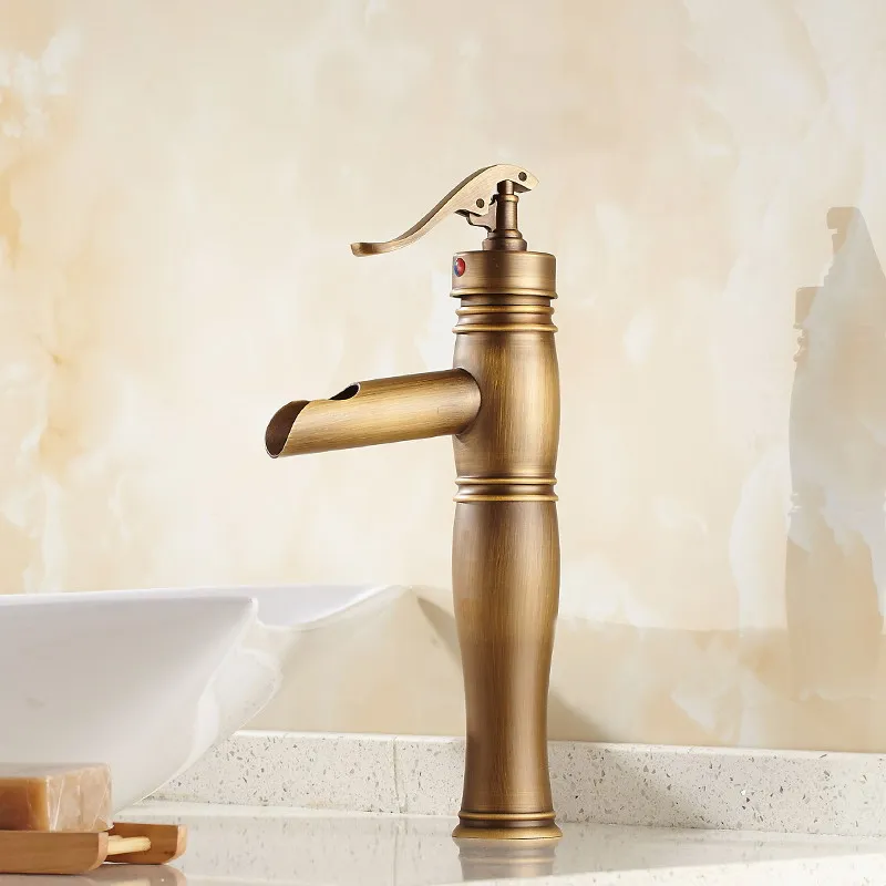 

Antique Brass Waterfall Bathroom Sink Faucet Vessel Tall Bamboo Water Tap Retro Single Hole Basin Faucets Lan006