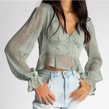 

Women Chiffon Shirt 2020 Summer Tops Vintage Streetwear Female Clothing Green Leopard Print Chic Buttons Ruffles Cropped Blouse