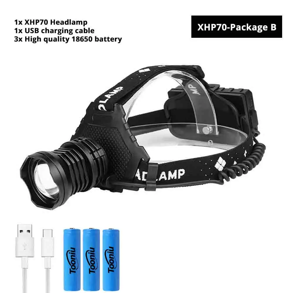 Мощный XHP50/XHP70 светодиодный налобный фонарь USB Перезаряжаемый 5 режим освещения Фара Водонепроницаемый зум рыболовный свет с помощью аккумулятора 18650 - Испускаемый цвет: XHP70.2-Package B