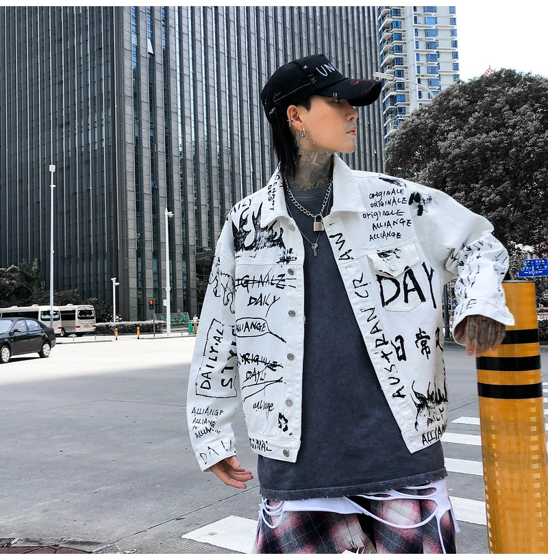 Sokotoo Men's letters pattern printed white jean jacket Streetwear trendy loose denim coat Outerwear