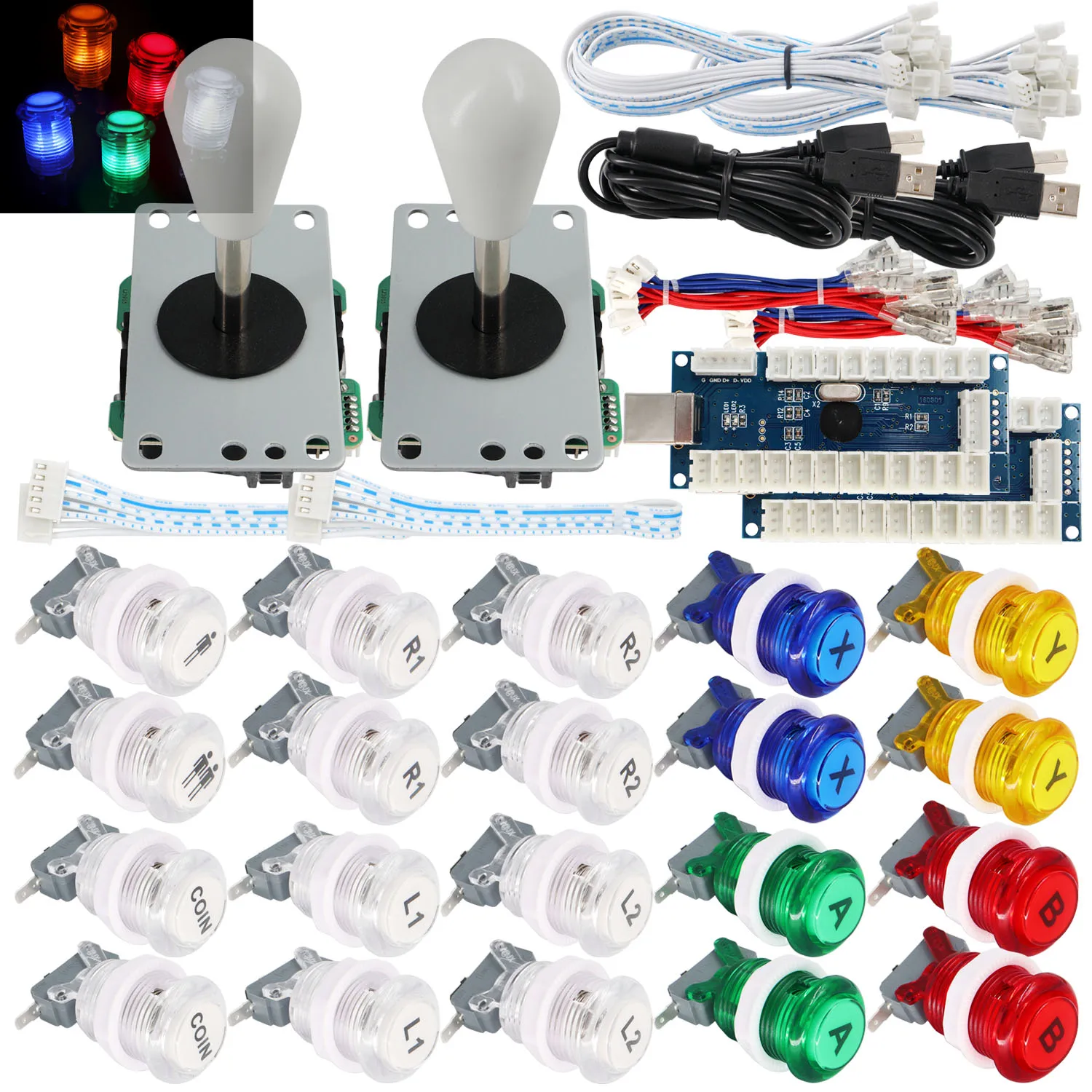 SJ@JX 2 Player Arcade Game Stick DIY Kit Button LED 8 Way Joystick USB Encoder Cable Controller for MAME Raspberry Pi