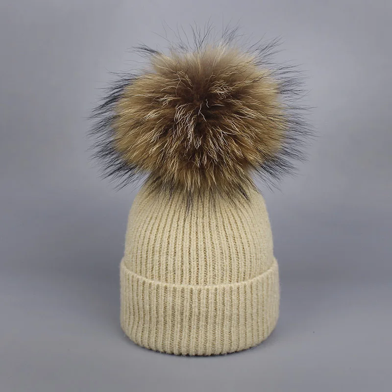 New Real Fur Pom Poms Winter Wool Hat And Scarf Set For Women Children Girl Cute Hat Knitted Warm Beanies Soft Thick Scarves Set - Цвет: N