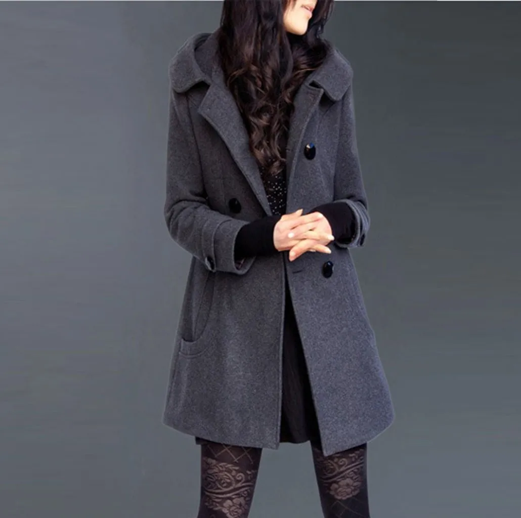 Женское повседневное шерстяное пальто средней и длинной куртки двубортное плотное пальто с капюшоном куртка с длинными рукавами и пуговицами верхняя одежда зимние топы