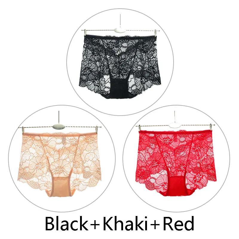 3 шт., L-XXL, большие, Siaze, трусики для женщин, высокая талия, бедра, лифтинг, живот, трусы, кружево, полые, Прозрачное нижнее белье, бесшовное белье - Цвет: Black Khaki Red