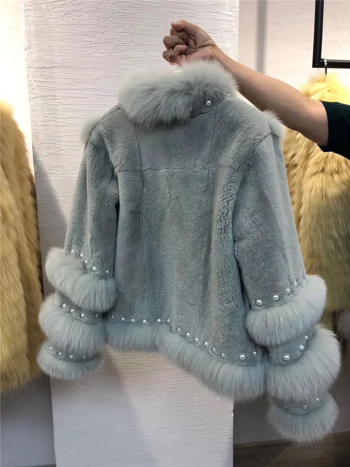Зимние женские меховые пальто куртка Мода Жемчуг дизайн настоящий мех кролика пальто пэчворк натуральный Лисий Мех короткая женская куртка