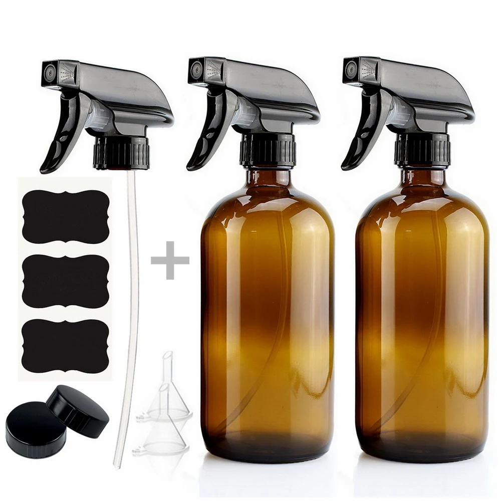 

2 Pack 500ml Amber Glass Spray Bottle with Trigger Sprayer for Essential Oils Cleaning Aromatherapy 16 Oz Empty Refillable Brown
