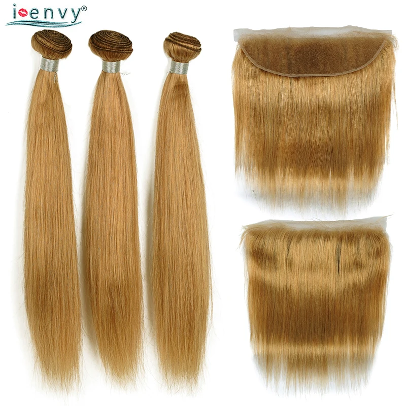 

Straight Bundles With Lace Front 13*4 Closure Blonde Brazilian Hair Weave Bundles #27 Colored Human Hair With Closure Non Remy