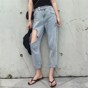

Woman Nine Part Pants Loose Big Size Haren Legging Directly Canister High Waist Holes Jeans Wide Leg Skinny Cloth-fitting Pants