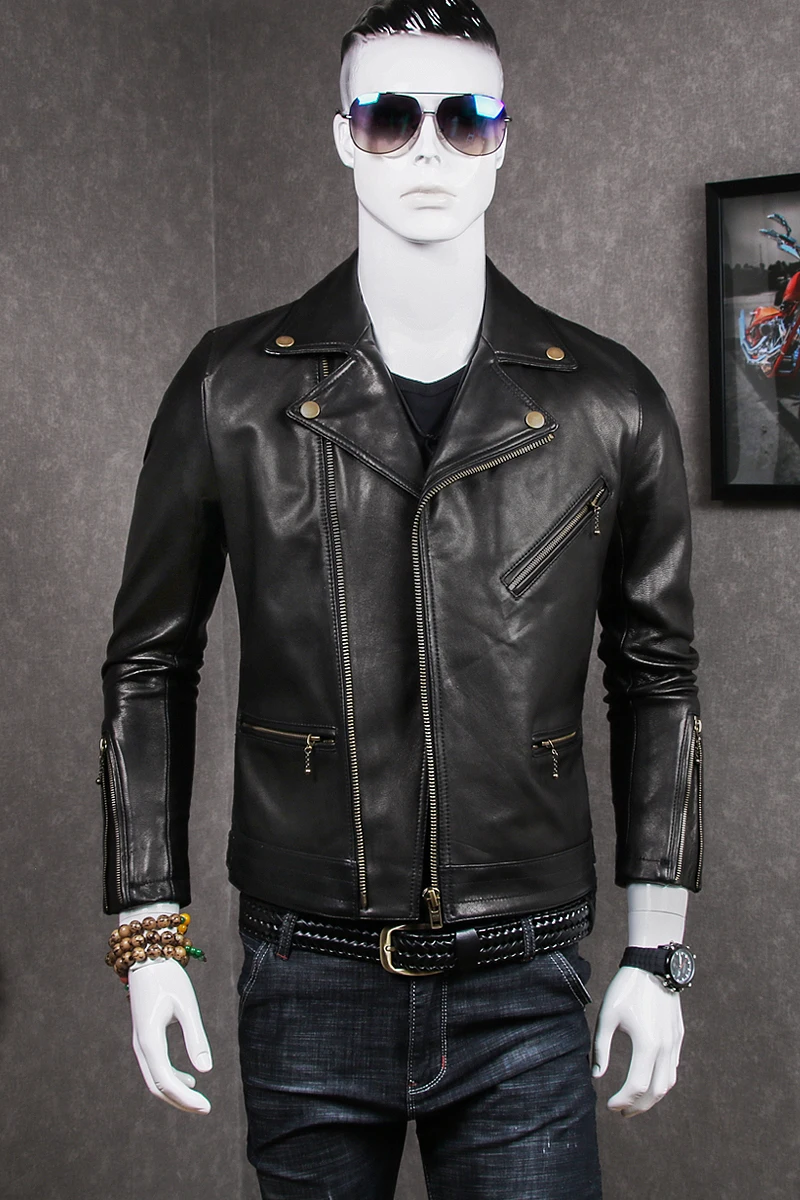 

Free shipping. Brand Sheepskin jackets,men's genuine 100% sheep leather,motor biker jacket.slim plus size,coat
