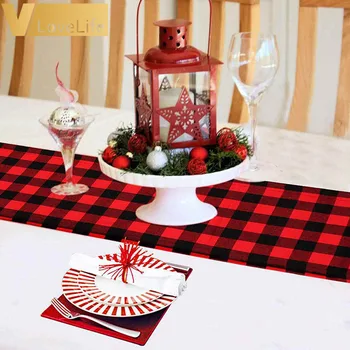 

Burlap Christmas Table Runner New Year Reversale Soft Plaid Table Runner Table Decoration Birthday Party Supplies