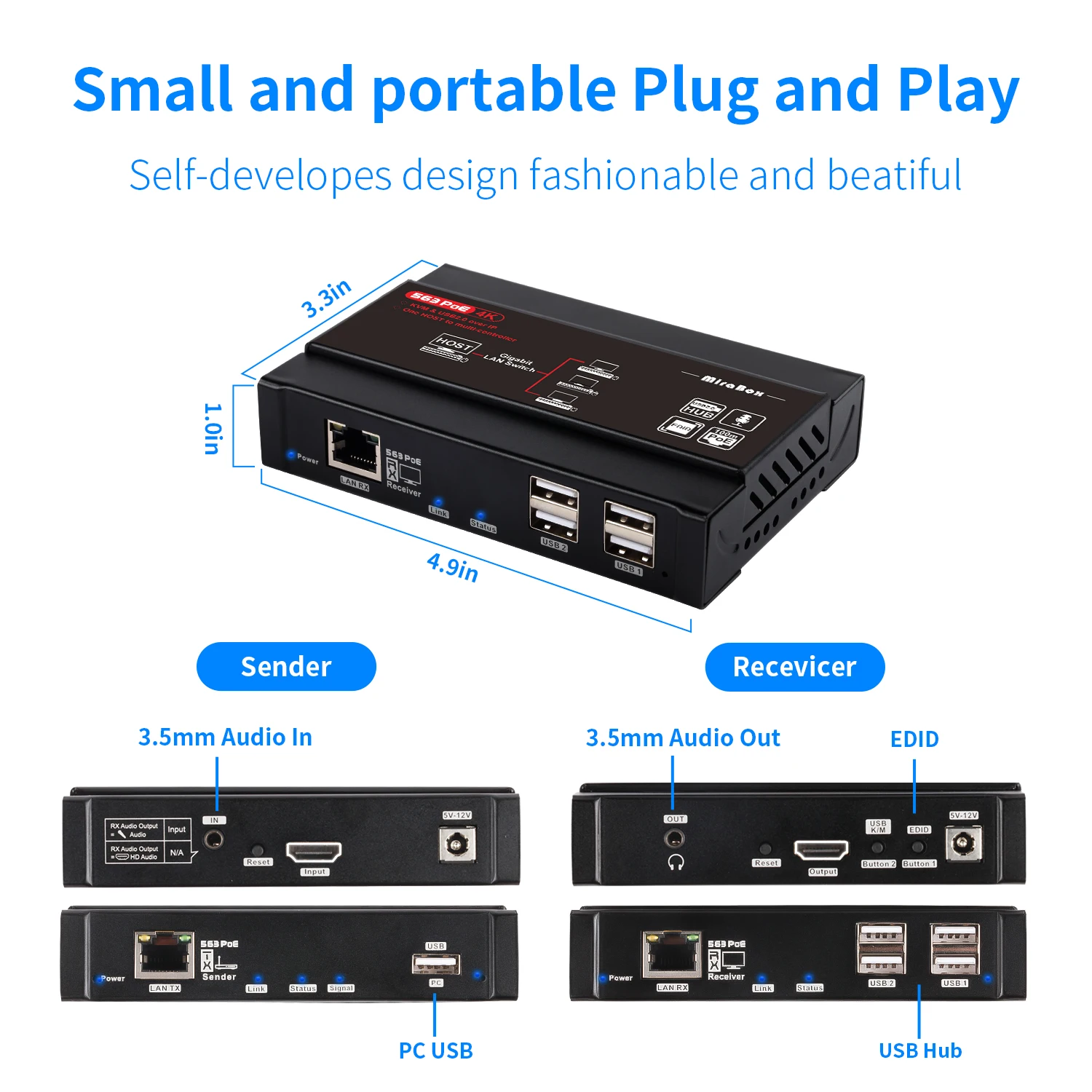 4K HDMI удлиннитель USB KVM по IP через CAT5e/CAT6, один на много POE-328ft(100 м), приемник с USB 2,0 port4