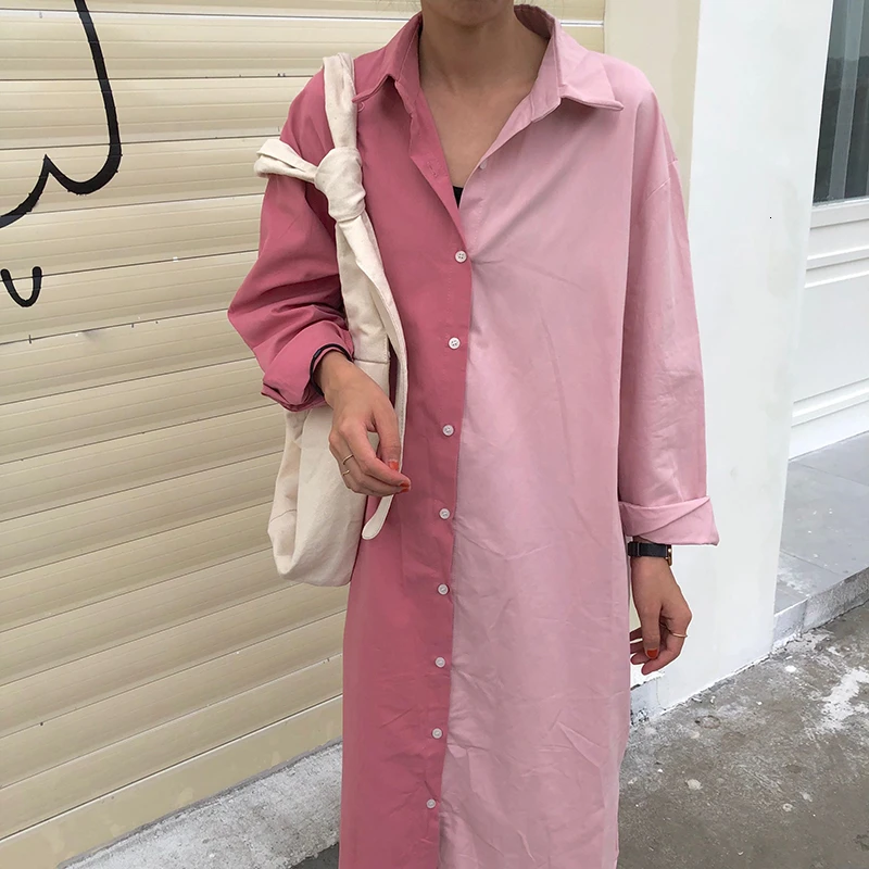 pink GALCAUR мозаичное яркое цветное женское блузки с отворотным воротником и длинными рукавами, свободные осенние женские рубашки, модная одежда - Цвет: pink
