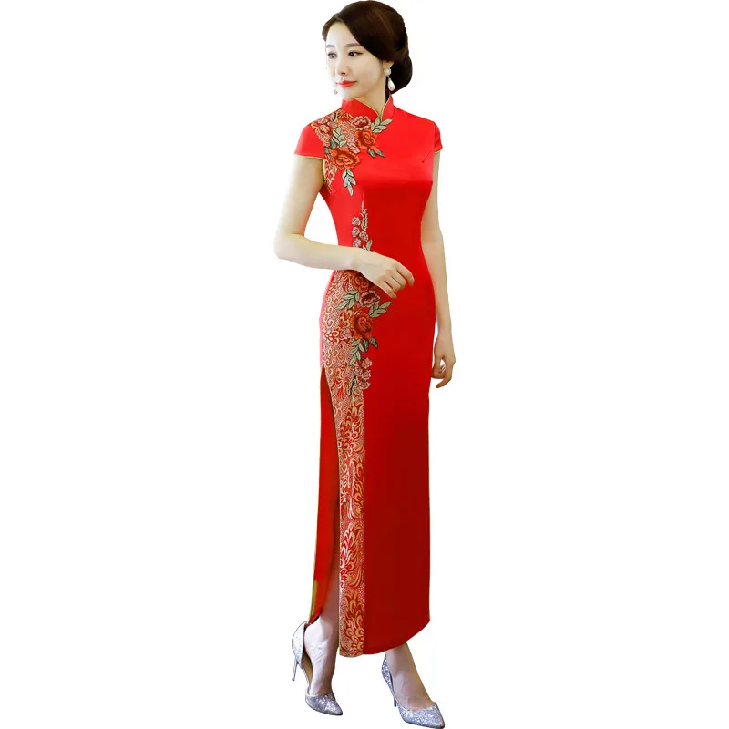 New Chinese Traditional Mandarin Collar Embroider Cheongsam Women Wedding Evening Party Dress Classic Button Qipao Novelty