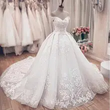 Великолепное Кружевное бальное платье; свадебные платья принцессы с открытыми плечами и шнуровкой сзади; мусульманские свадебные платья невесты; бальное платье