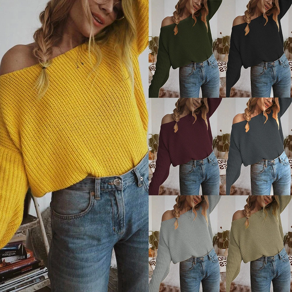 

2019 Women Casual Strapless Long Sleeve Pullover Sweater Off Shoulder Knitted Loose Jumpers Solid Oversized Knitwear Plus Size