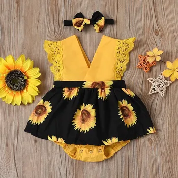 6 12 18 24 Months Newborn Baby Bodysuit Sets With Headband Sleeveless Sunflower Print Romper Infant Outfits Girl Summer Clothing 3