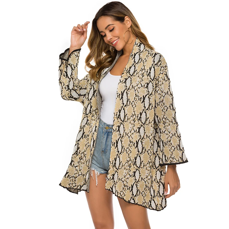 Женский вязаный кардиган, Sueter Mujer, змеиный принт, осенний кардиган, Invierno, длинный рукав, женский свитер, Pull Femme, темно-серый