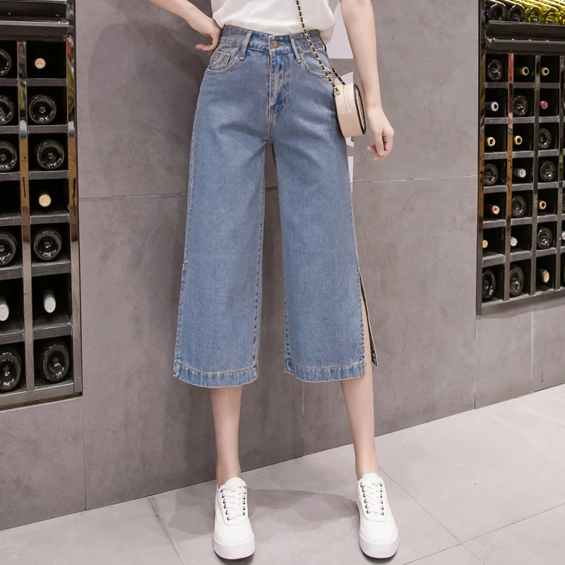 Promotion Light Thin Breathable Denim Pants Cropped Trousers 2020 Summer Fashion Jeans High Waist Wide Leg Women | Женская одежда