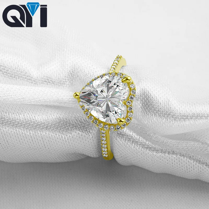 QYI 14K Yellow Gold Engagement Ring Women Jewelry Heart 3 Ct Moissanite Diamond For Wedding Jewelry Customization colorful heart love key lanyard car keychain id card pass gym mobile phone badge kids key ring holder jewelry decorations gifts