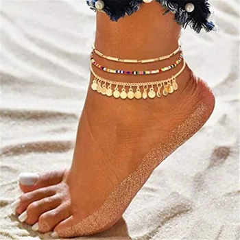 

Multi layer boho colorful beads chain ankle bracelet bohemian beach metal round slice pendant anklets for women foot jewlery