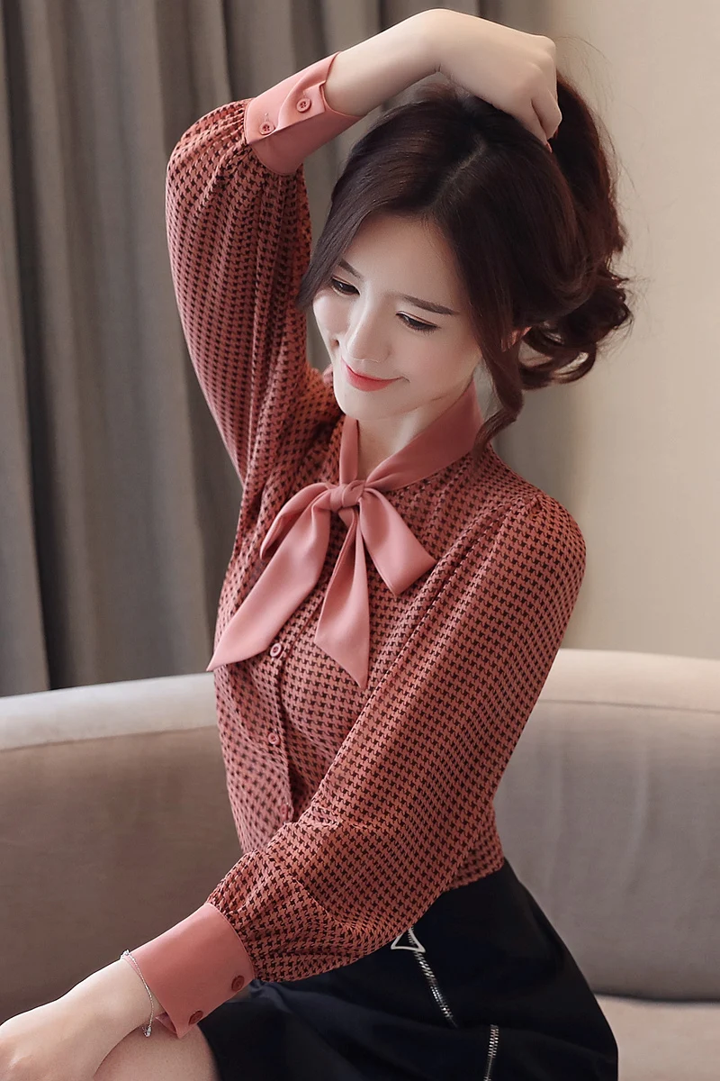 Korean Fashion Chiffon Womens Tops and Blouses Plaid Long Sleeve Rose Women Shirts Plus Size XXL Blusas Femininas Elegante
