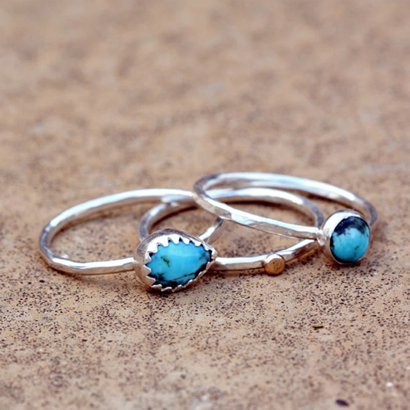 Женский набор колец из голубого камня в богемном ретро стиле 3 предметов античные