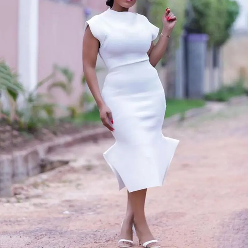 

Elegant Large Size 3XL White Dress Women Split Mid-Calf Office Lady Pullover Plus Size Bodycon Ladies Evening Party Midi Dress