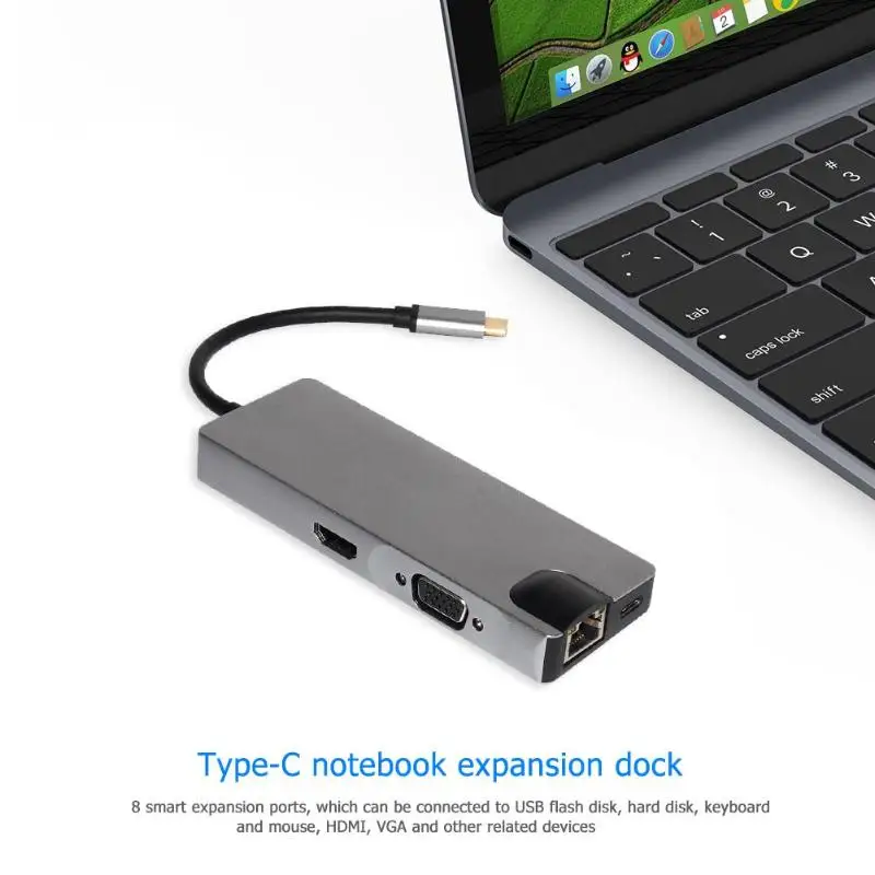8 в 1 type-C концентратор USB-C 4 к HDMI/USB3.0/RJ45/VGA/PD зарядка аудио/SD/TF кардридер адаптер Usb разветвитель для MacBook Pro