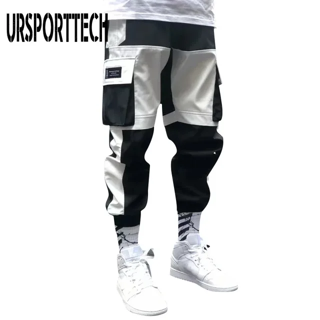 Hip Hop Joggers Men Letter Ribbons Cargo Pants Pockets Track Tactical Casual Techwear Male Trousers Sweatpants Sport Streetwear Black