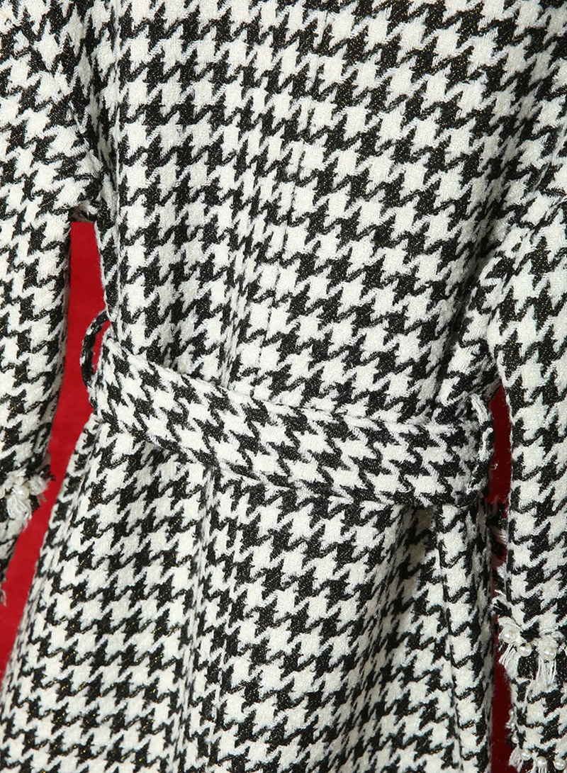 Red RoosaRosee дизайнерское осеннее женское роскошное пальто с бусинами, с принтом «гусиная лапка», с кисточками, с длинным рукавом, Женское пальто для вечеринок, шерстяная верхняя одежда
